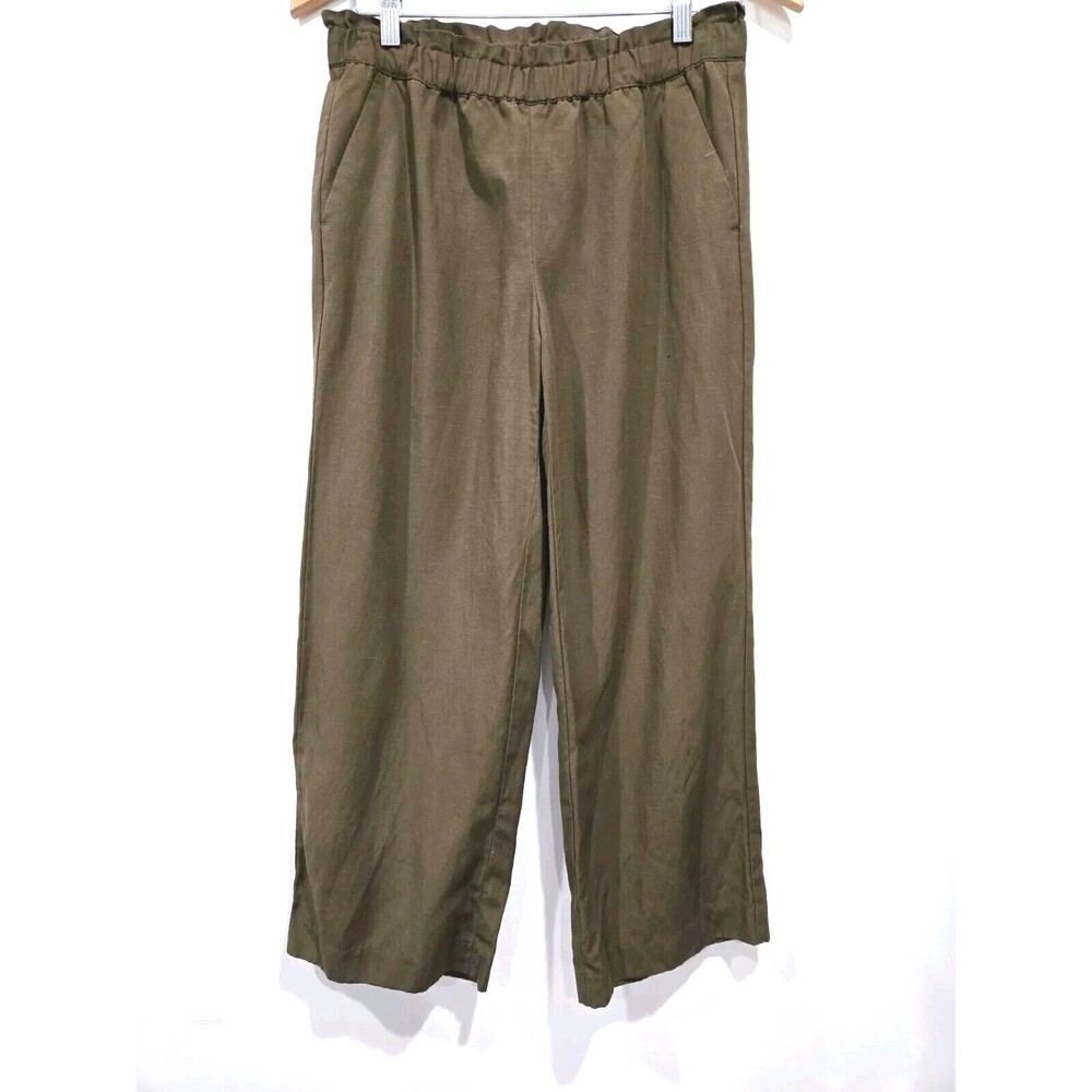 Talbots Lagenlook Linen Blend Pants Olive Green Wide Leg Elastic Waist Womens XS